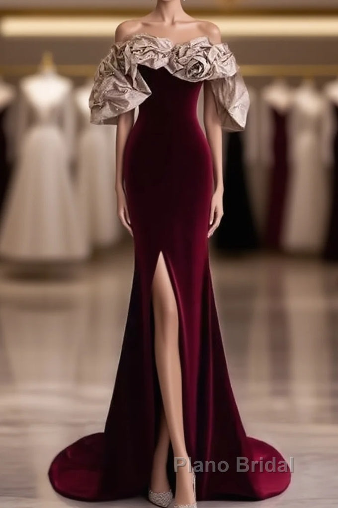 Mermaid Strapless Wine Red Long Formal Prom Dresses Main image