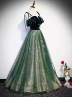 Green Straps Velvet Long Lace Formal Prom Dresses