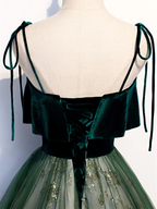 Green Straps Velvet Long Lace Formal Prom Dresses