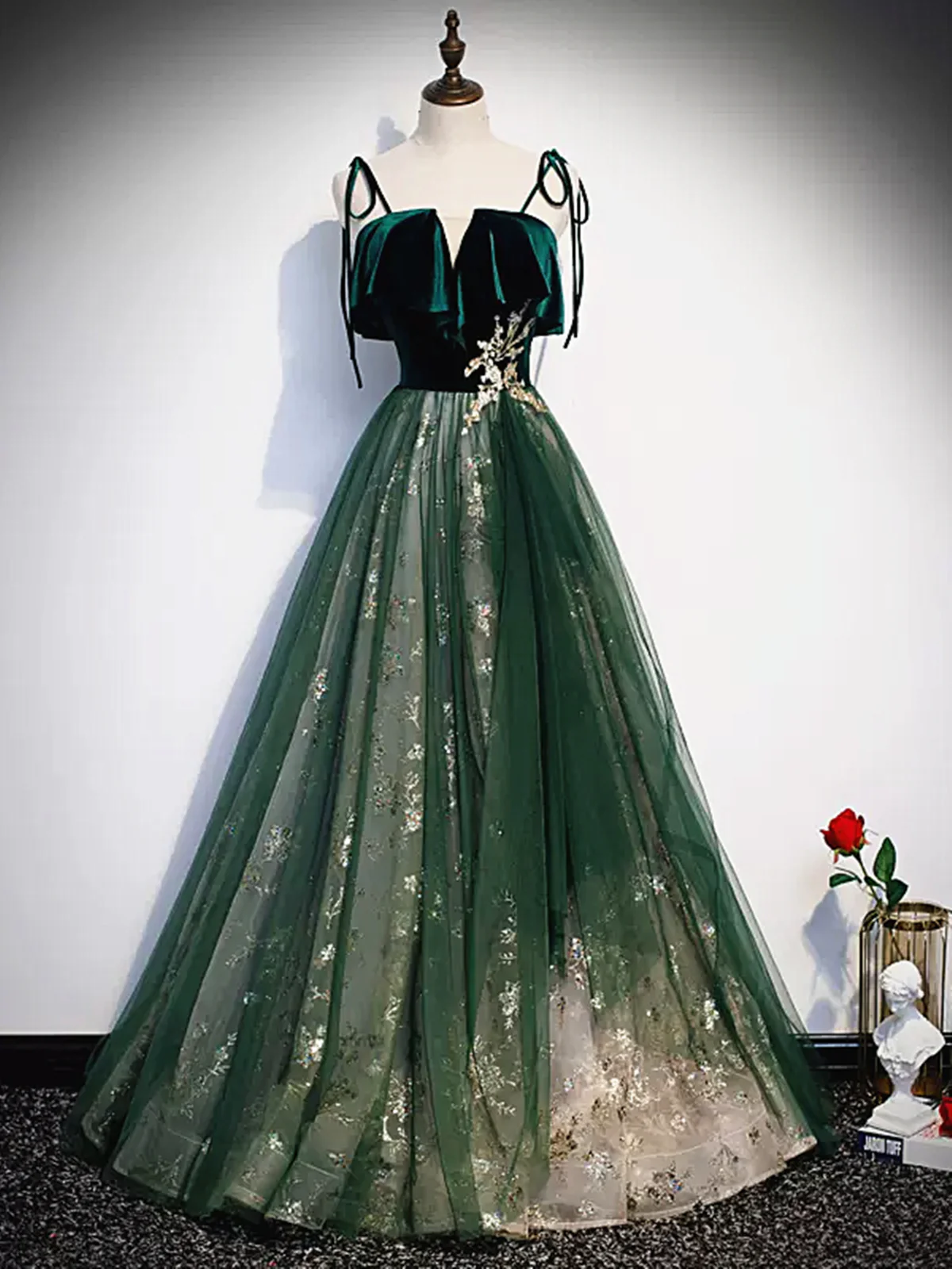 Green Straps Velvet Long Lace Formal Prom Dresses Main image