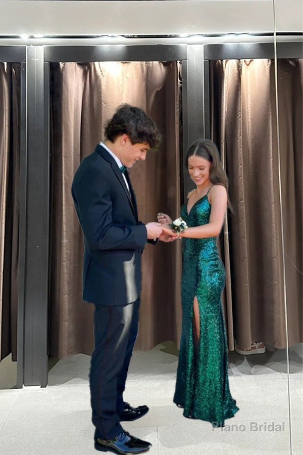 Mermaid Straps Floor Length Sleeveless Dark Green Slit Prom Dress Main image