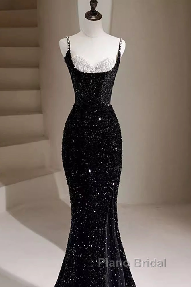 Mermaid Straps Long Black Sequin Formal Prom Dresses Secondary image