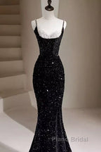 Mermaid Straps Long Black Sequin Formal Prom Dresses