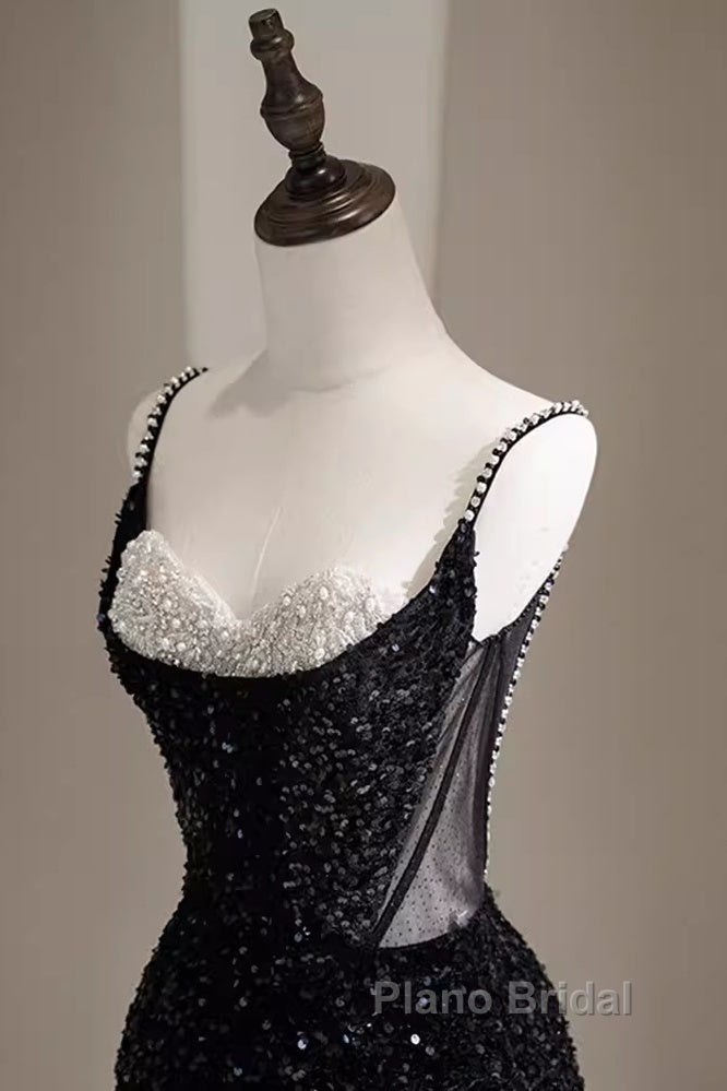 Mermaid Straps Long Black Sequin Formal Prom Dresses