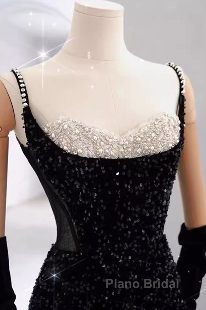 Mermaid Straps Sequin Black Backless Long Formal Prom Dresses