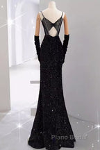 Mermaid Straps Sequin Black Backless Long Formal Prom Dresses