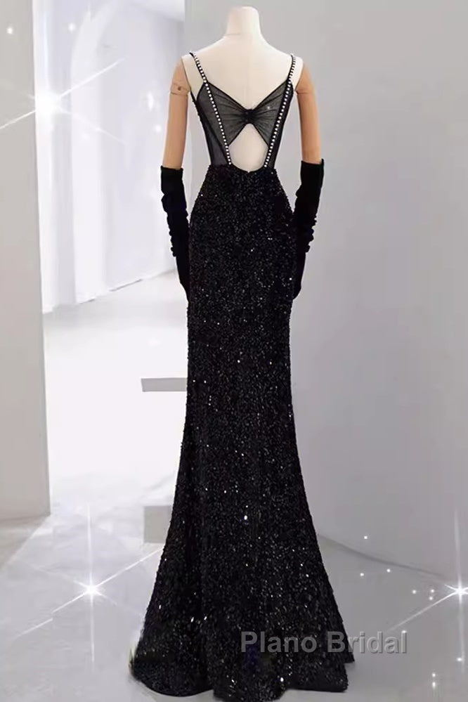 Mermaid Straps Sequin Black Backless Long Formal Prom Dresses