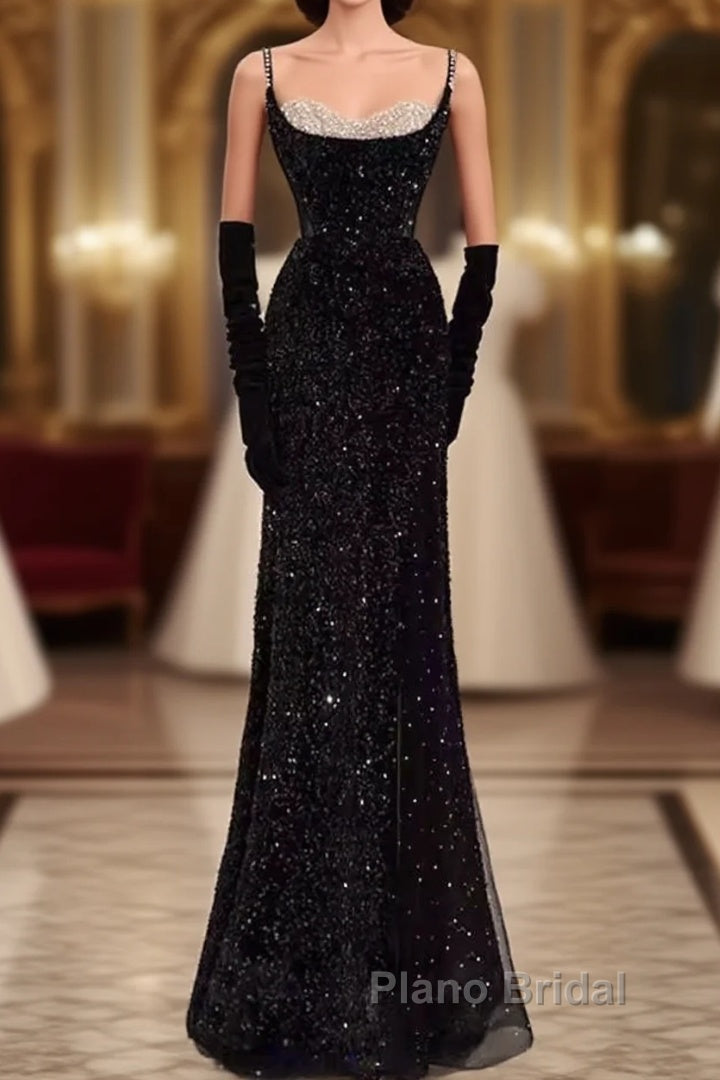 Mermaid Straps Sequin Black Backless Long Formal Prom Dresses Main image