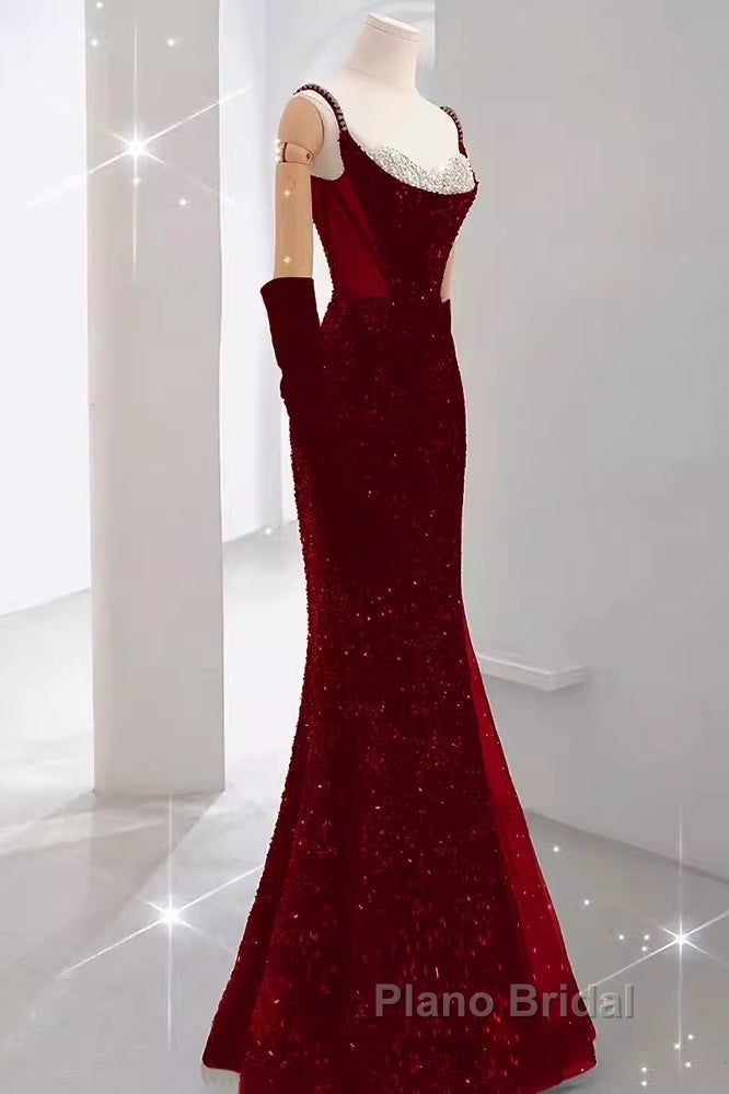 Mermaid Straps Sequin Red Backless Long Formal Prom Dresses Secondary image