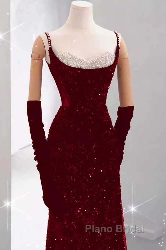 Mermaid Straps Sequin Red Backless Long Formal Prom Dresses