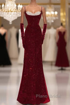 Mermaid Straps Sequin Red Backless Long Formal Prom Dresses