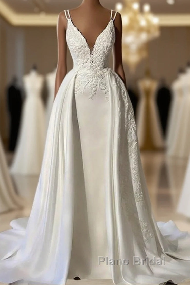 Mermaid Straps V Neck Appliques Satin Wedding Dresses