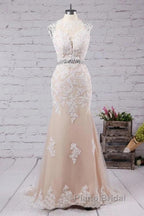 Mermaid Sweep Train Open Back Tulle Formal Prom Appliques Wedding Dresses