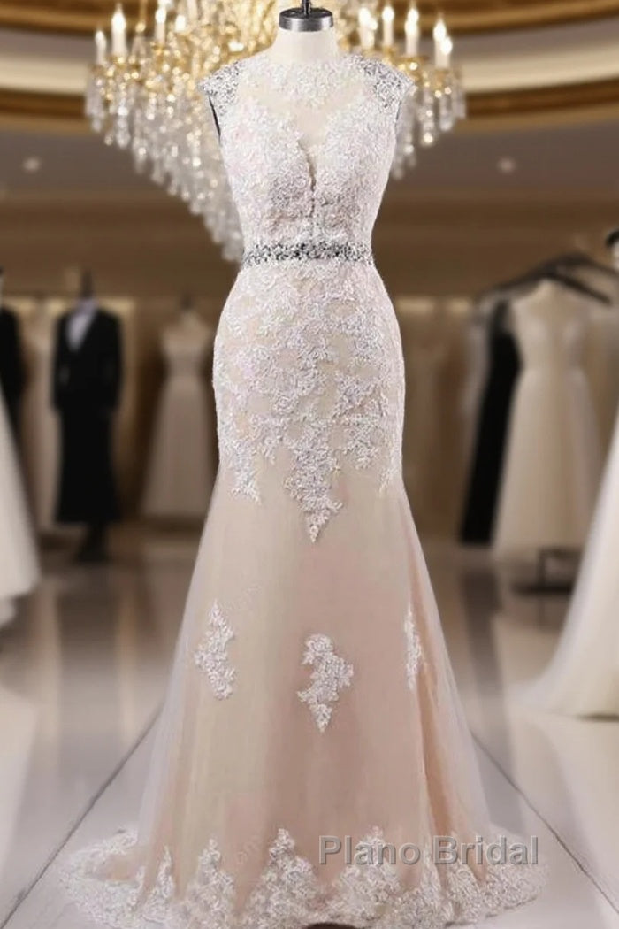 Mermaid Sweep Train Open Back Tulle Formal Prom Appliques Wedding Dresses Main image
