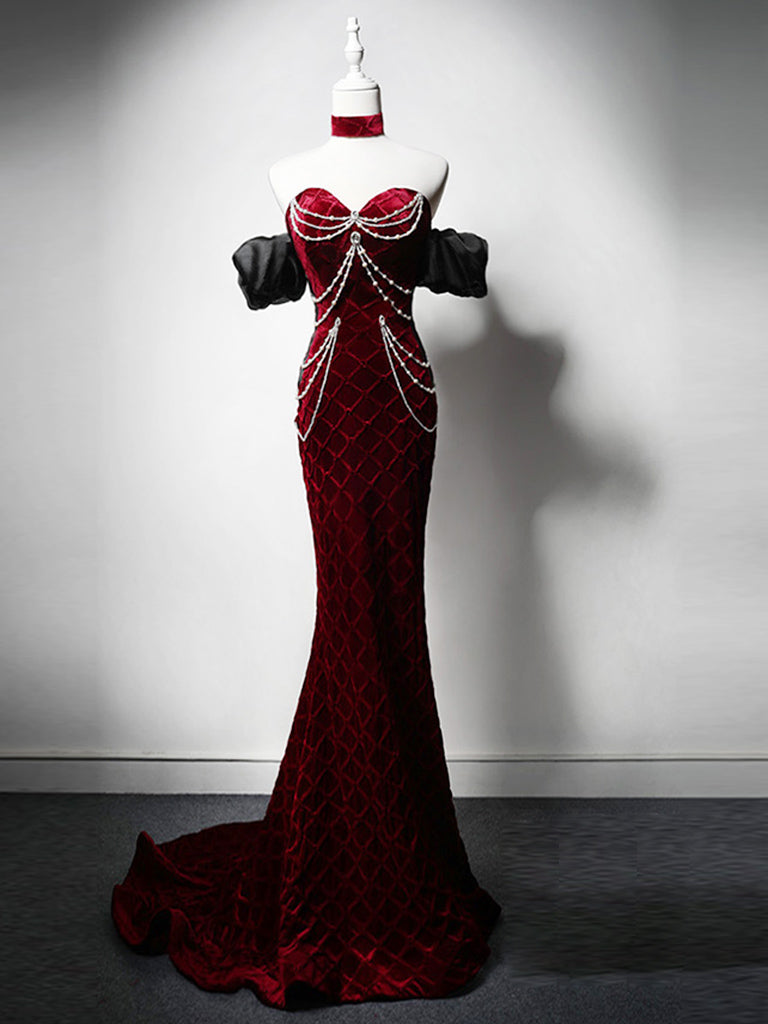 Mermaid Sweetheart Neck Velvet Beads Burgundy Long Formal Prom Dresses Main image