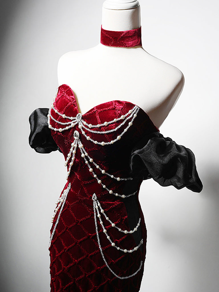 Mermaid Sweetheart Neck Velvet Beads Burgundy Long Formal Prom Dresses Secondary image