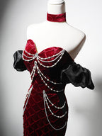 Mermaid Sweetheart Neck Velvet Beads Burgundy Long Formal Prom Dresses