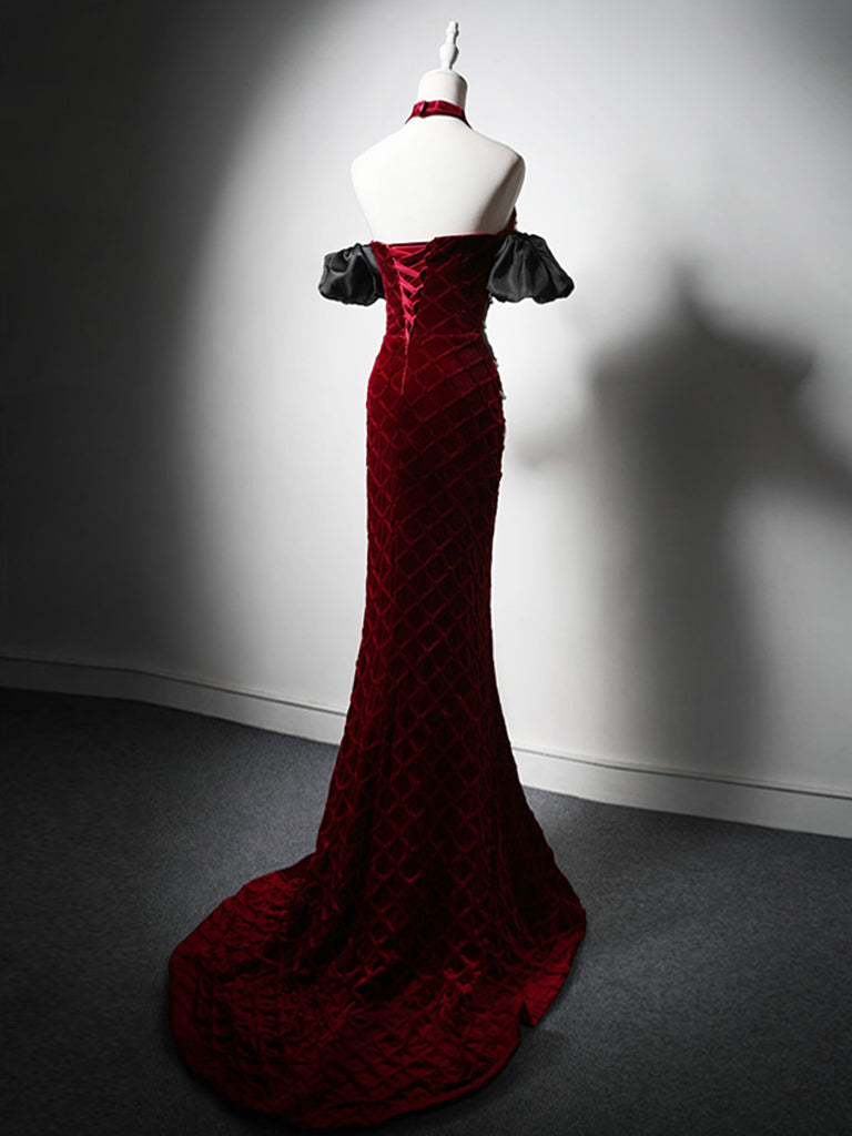 Mermaid Sweetheart Neck Velvet Beads Burgundy Long Formal Prom Dresses