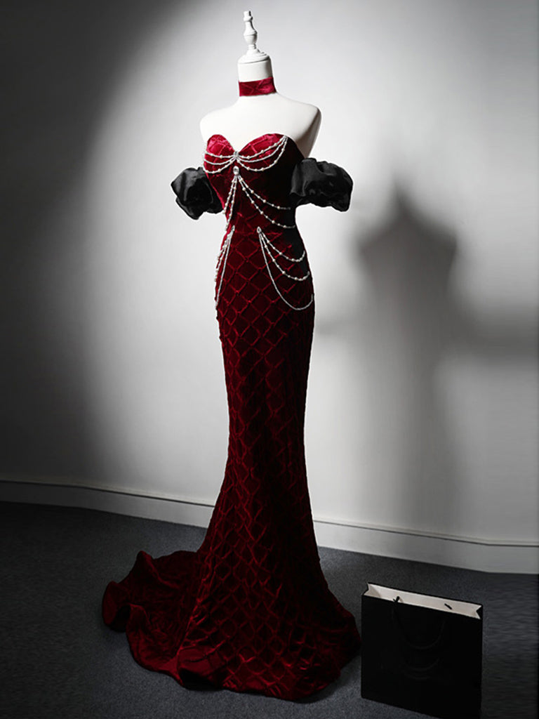 Mermaid Sweetheart Neck Velvet Beads Burgundy Long Formal Prom Dresses