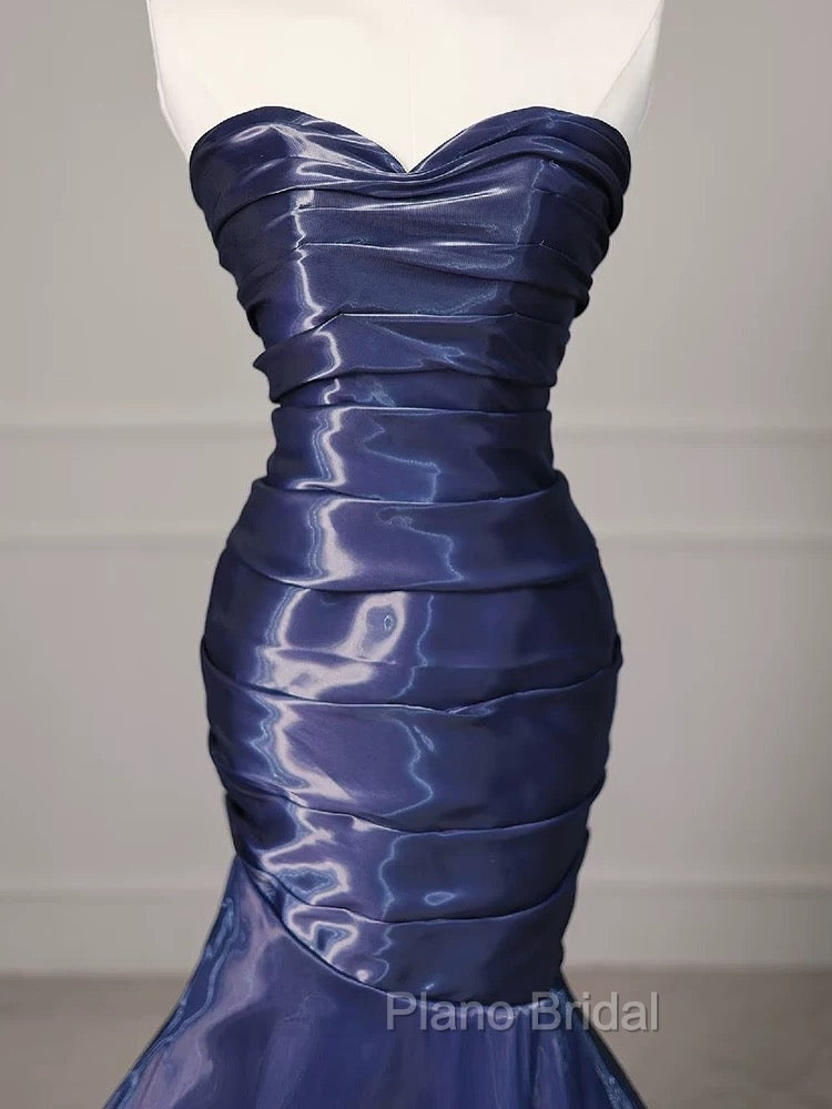 Mermaid Sweetheart Neck Water Satin Dark Blue Long Formal Prom Dresses, Dark Blue Formal Dresses