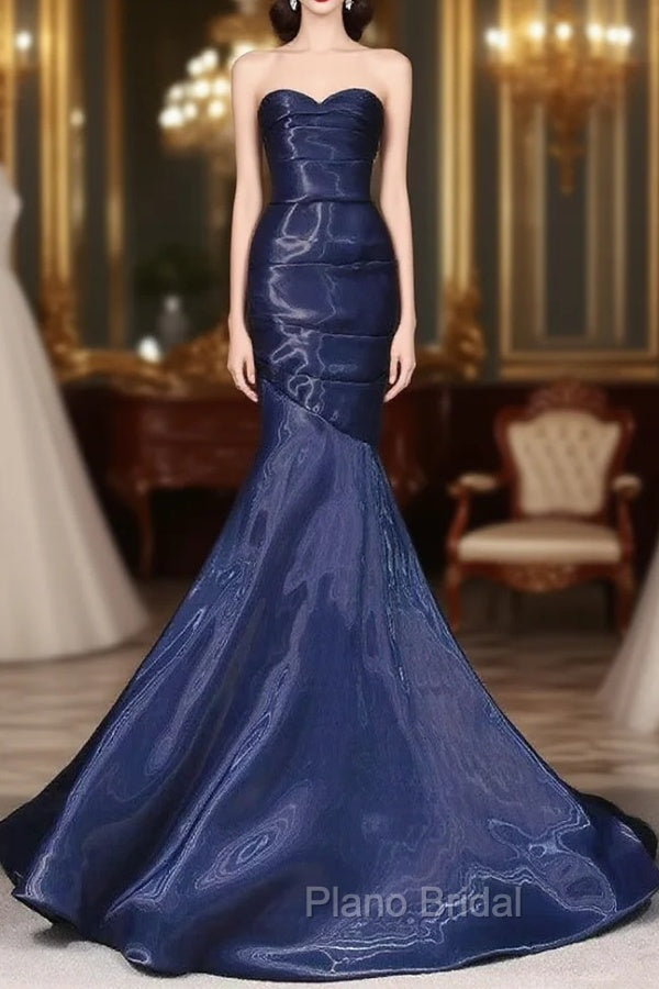 Mermaid Sweetheart Neck Water Satin Dark Blue Long Formal Prom Dresses, Dark Blue Formal Dresses