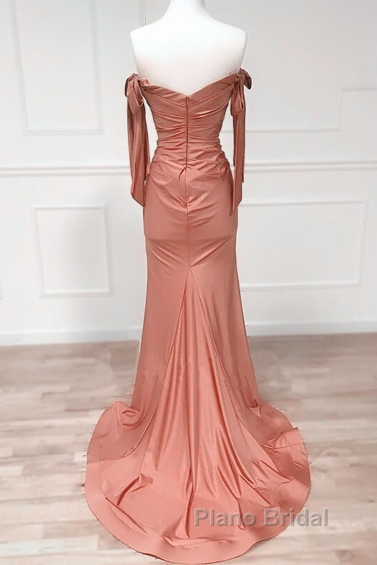 Mermaid Terracotta Ruched Split Satin Dresses Secondary image