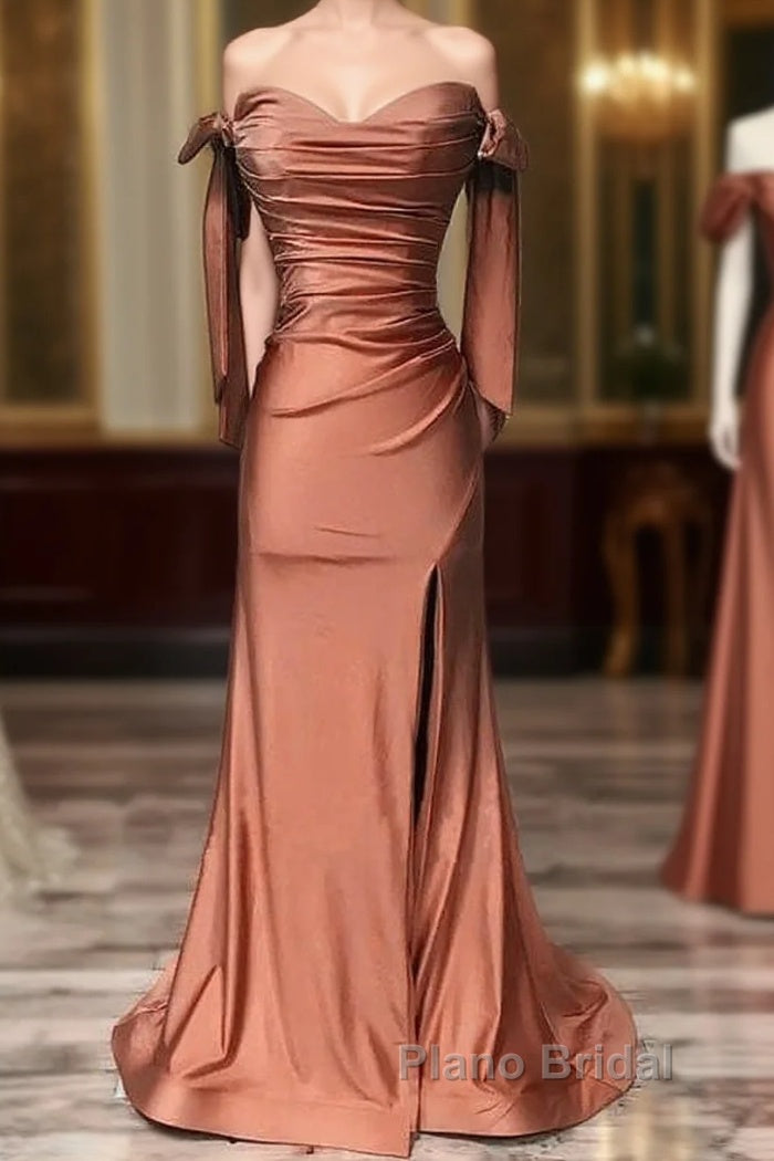 Mermaid Terracotta Ruched Split Satin Dresses Main image