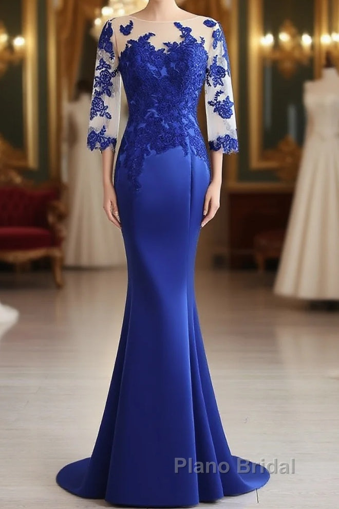 Mermaid / Trumpet Evening Gown Elegant Dresses Formal Floor Length Half Sleeve Illusion Neck Satin With Pleats Main image