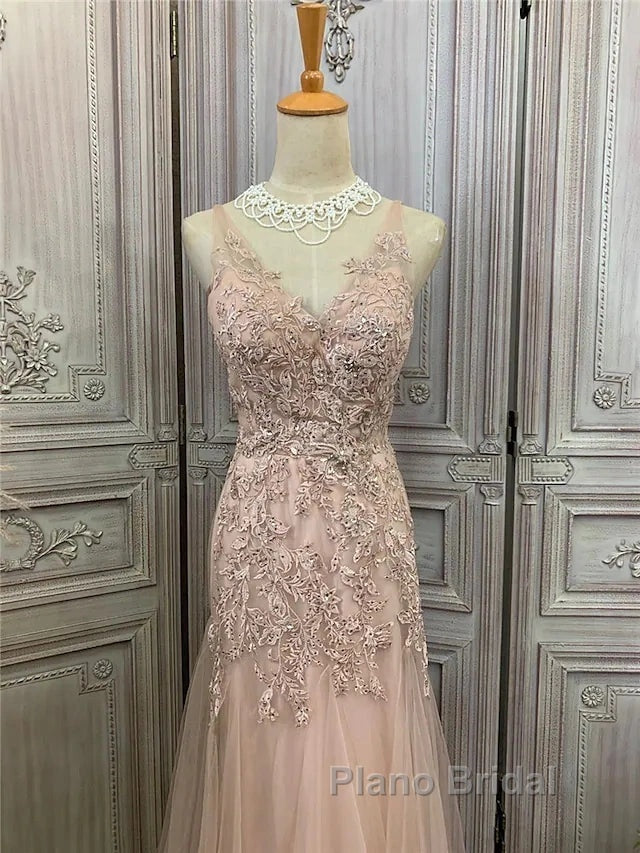 Mermaid / Trumpet Formal Prom Dresses Maxi Dresses Party Wear Sweep / Brush Train Sleeveless V Neck Tulle With Appliques Secondary image