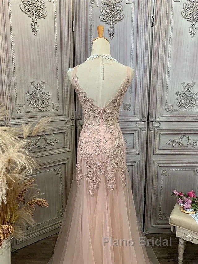Mermaid / Trumpet Formal Prom Dresses Maxi Dresses Party Wear Sweep / Brush Train Sleeveless V Neck Tulle With Appliques