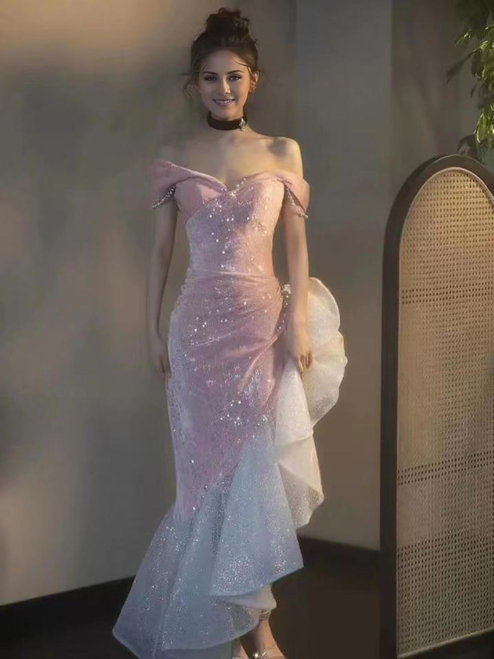 Mermaid / Trumpet Formal Prom Dresses Party Dresses Formal Evening Party Floor Length Sleeveless Off Shoulder Tulle With Pearls Sequin