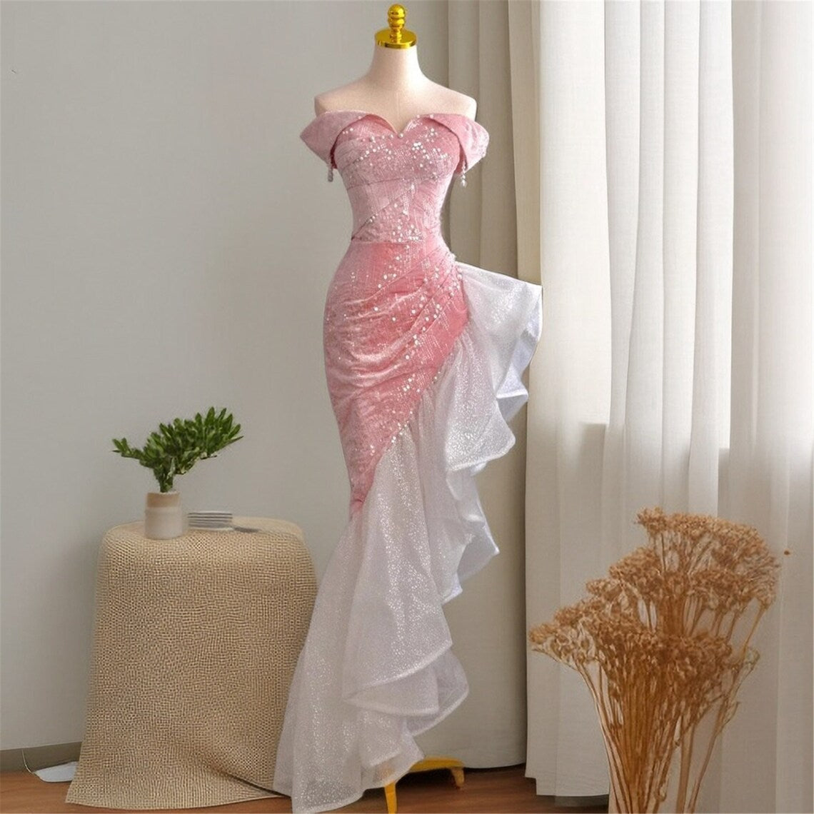 Mermaid / Trumpet Formal Prom Dresses Party Dresses Formal Evening Party Floor Length Sleeveless Off Shoulder Tulle With Pearls Sequin