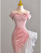 Mermaid / Trumpet Formal Prom Dresses Party Dresses Formal Evening Party Floor Length Sleeveless Off Shoulder Tulle With Pearls Sequin