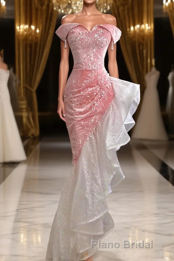 Mermaid / Trumpet Formal Prom Dresses Party Dresses Evening Party Floor Length Sleeveless Off Shoulder Tulle with Pearls Sequin Main image