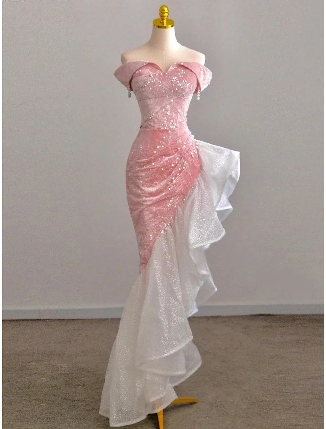 Mermaid / Trumpet Formal Prom Dresses Party Dresses Formal Evening Party Floor Length Sleeveless Off Shoulder Tulle With Pearls Sequin