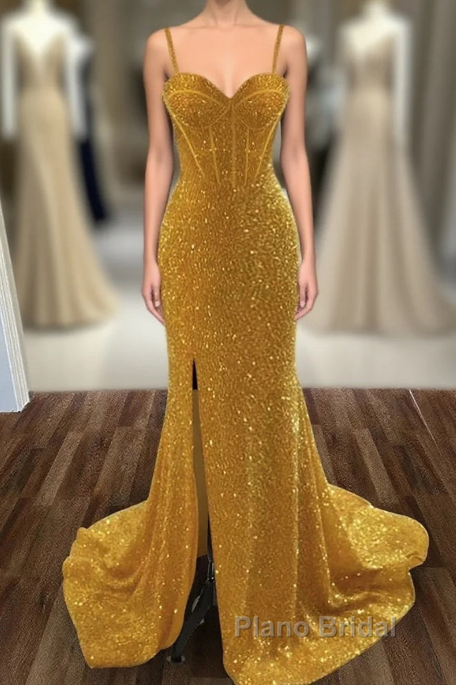 Mermaid / Trumpet Formal Prom Dresses Sexy Dresses Formal Sweep / Brush Train Sleeveless Sweetheart Sequined Backless With Sequin Slit Main image