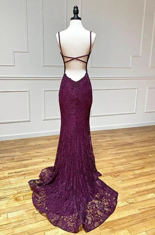 Mermaid/Trumpet Spaghetti Straps Grape Lace Beaded Long Formal Prom Dresses Formal Evening Dresses
