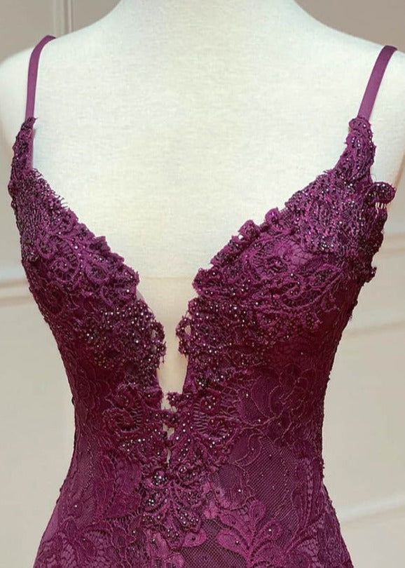 Mermaid/Trumpet Spaghetti Straps Grape Lace Beaded Long Formal Prom Dresses Formal Evening Dresses