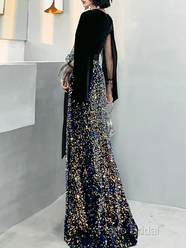 Mermaid / Trumpet Sparkle Gothic Formal Prom Formal Dresses V Neck Long Sleeve Floor Length Sequined Velvet With Sash / Ribbon Sequin Secondary image