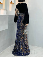 Mermaid / Trumpet Sparkle Gothic Formal Prom Formal Dresses V Neck Long Sleeve Floor Length Sequined Velvet With Sash / Ribbon Sequin