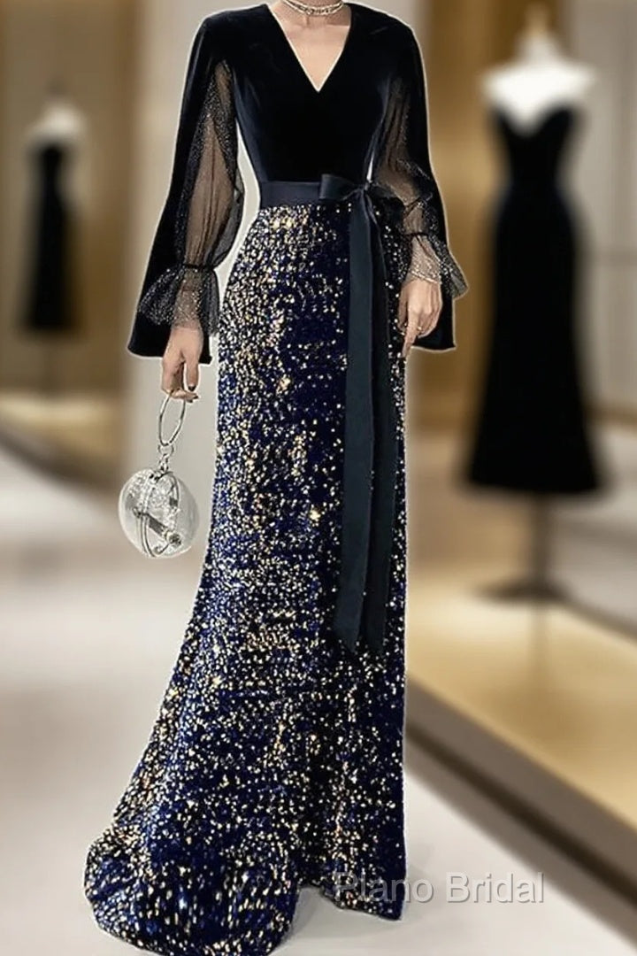 Mermaid / Trumpet Sparkle Gothic Formal Prom Formal Dresses V Neck Long Sleeve Floor Length Sequined Velvet With Sash / Ribbon Sequin Main image