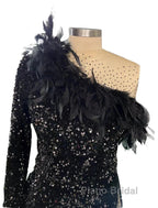 Mermaid / Trumpet Sparkle Sexy Wedding Guest Formal Evening Dresses One Shoulder Long Sleeve Court Train Sequined With Feather Sequin Slit