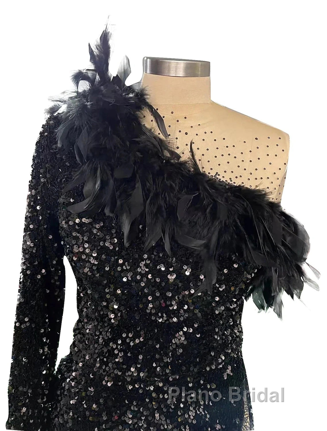 Mermaid / Trumpet Sparkle Sexy Wedding Guest Formal Evening Dresses One Shoulder Long Sleeve Court Train Sequined With Feather Sequin Slit
