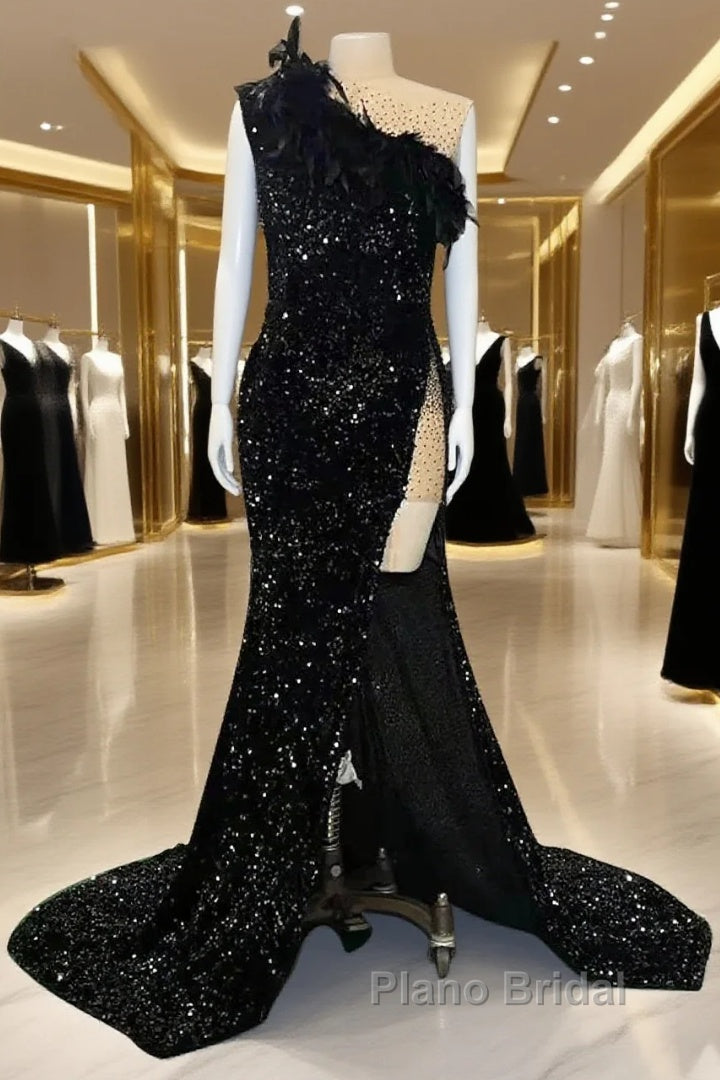 Mermaid / Trumpet Sparkle Sexy Wedding Guest Formal Evening Dresses One Shoulder Long Sleeve Court Train Sequined With Feather Sequin Slit Main image