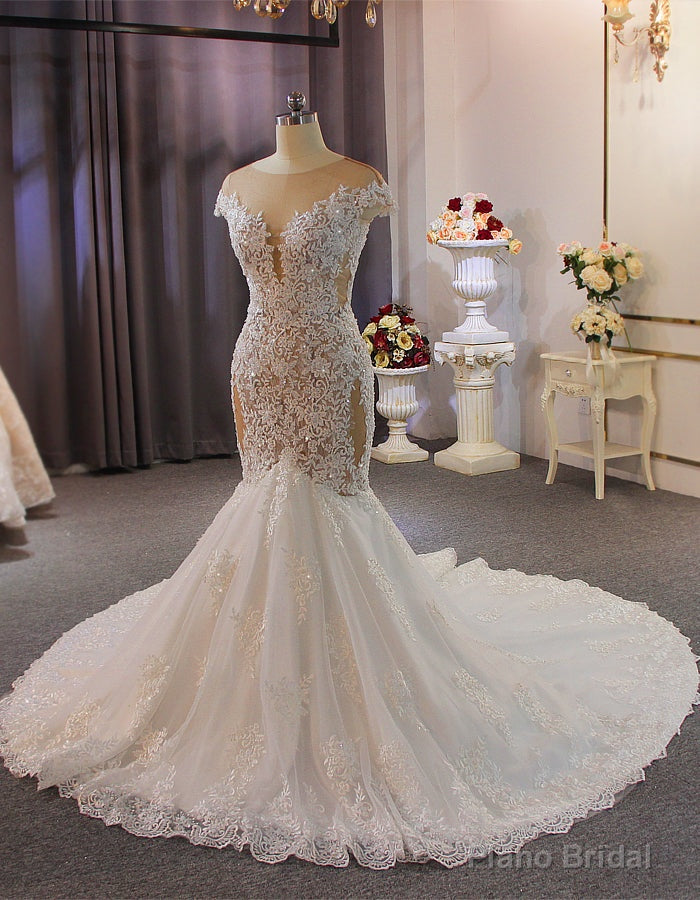 Mermaid Tulle Appliques Beading Cap Sleeve Wedding Dress Main image