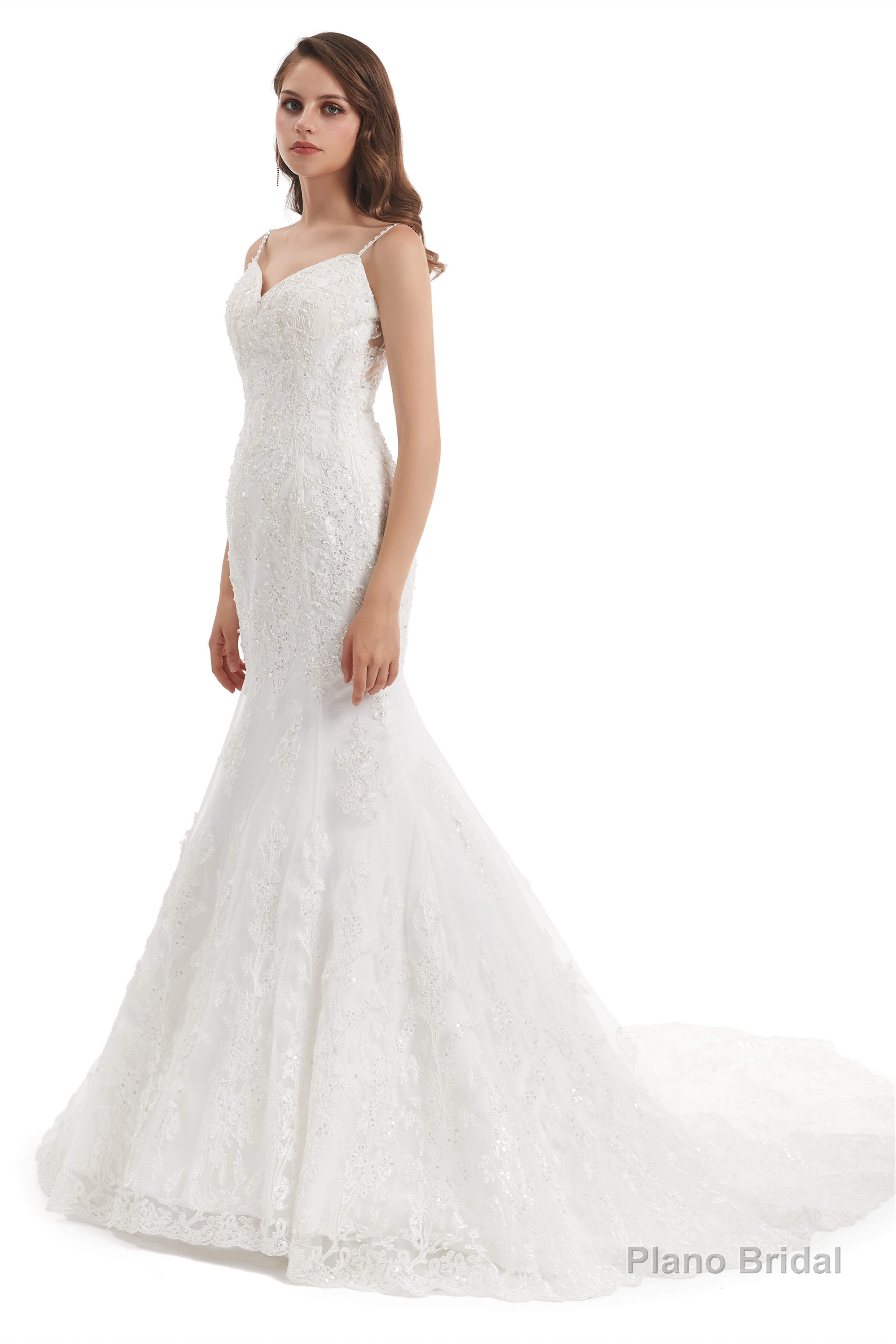 Mermaid Tulle Appliques Sequins Spaghetti Straps Wedding Dresses