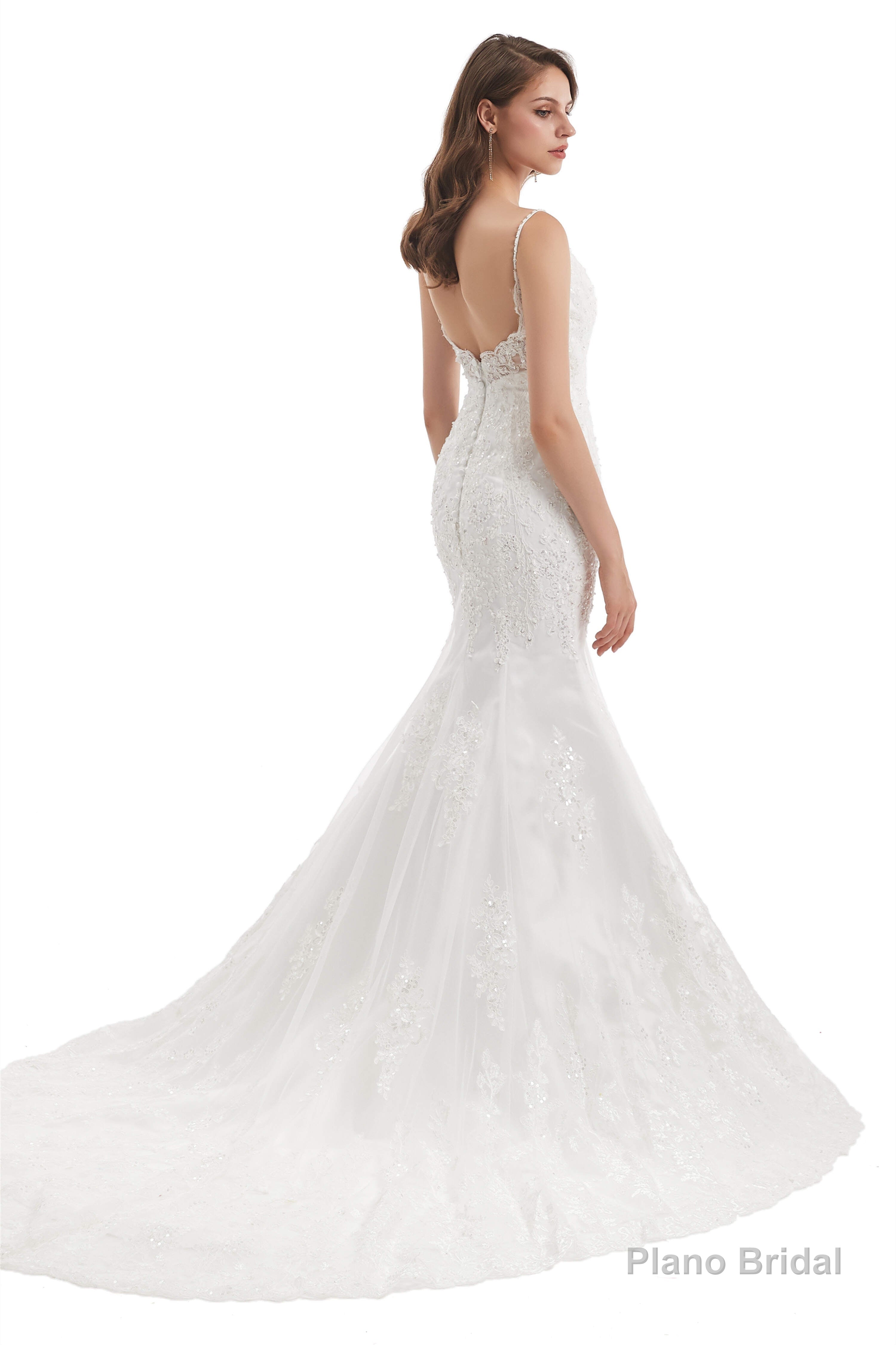 Mermaid Tulle Appliques Sequins Spaghetti Straps Wedding Dresses