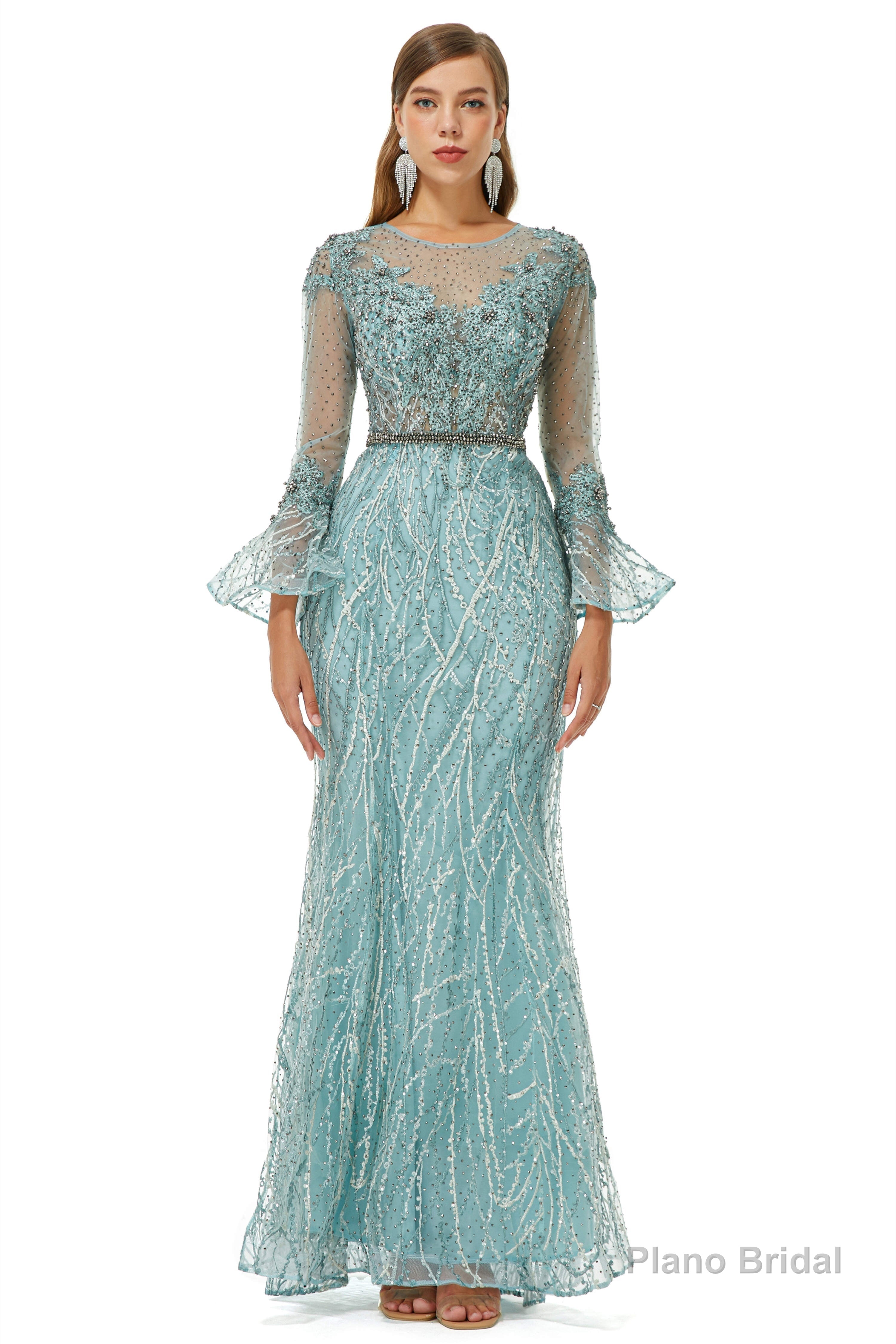 Mermaid Tulle Beading Long Sleeve Prom Dresses Main image