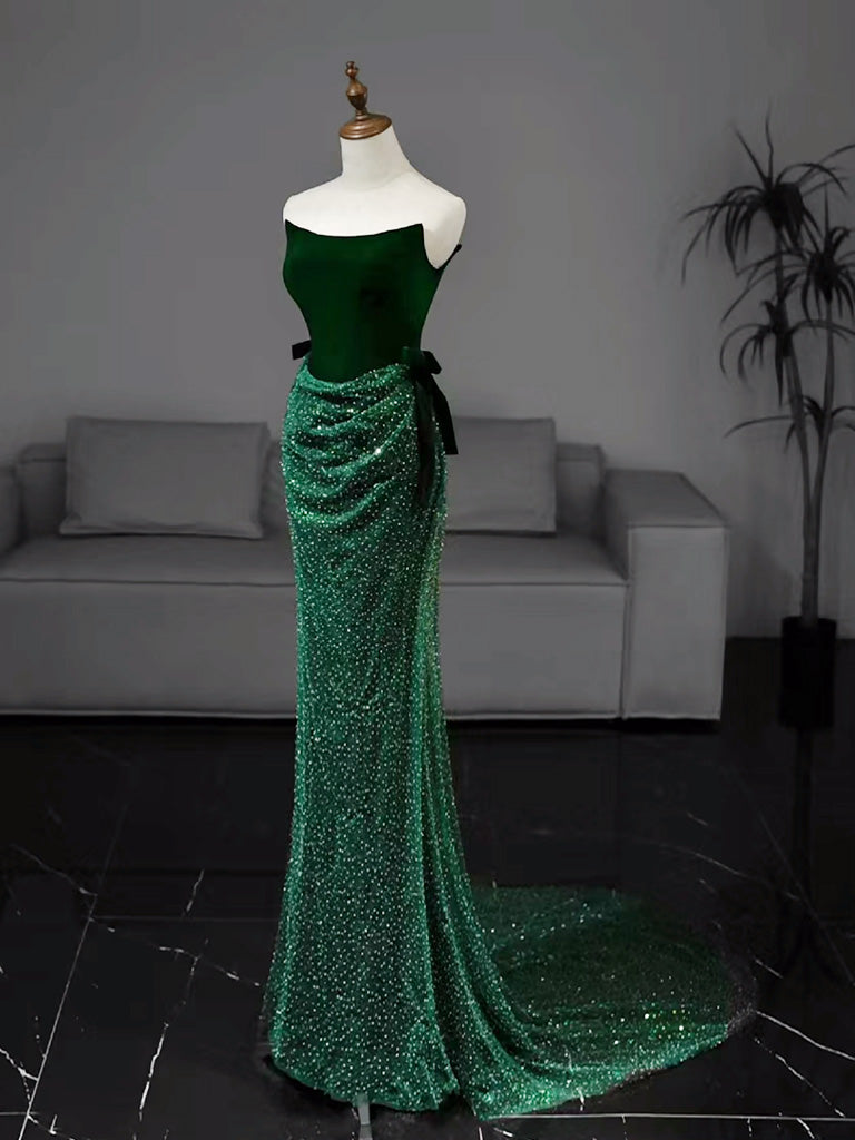Mermaid Tulle Velvet Green Long Formal Prom Dresses, Green Long Formal Dresses Main image