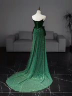 Mermaid Tulle Velvet Green Long Formal Prom Dresses, Green Long Formal Dresses